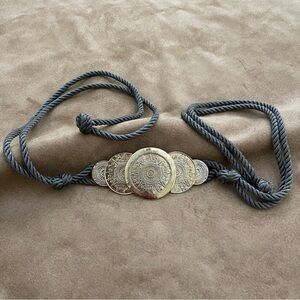 Gold Tone Aztec Calendar Gray Satin Rope Tie Belt
